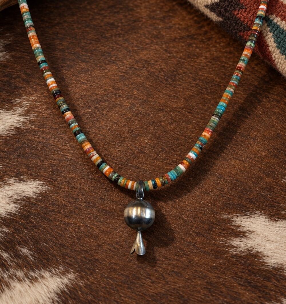 14mm Sterling Silver Concho Charm on 16" Spiny Turquoise Heishi Necklace